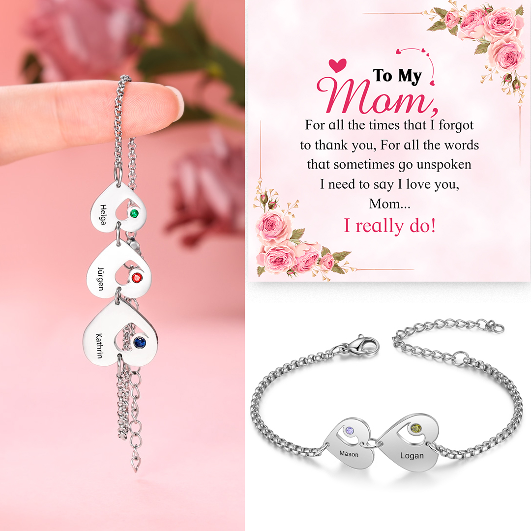 Personalized Heart Bracelet Custom Names & Birthstones Family Bracelet Gifts for Her
