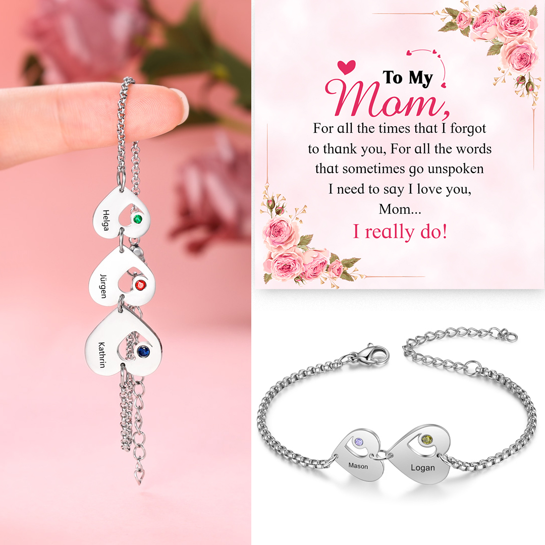 Personalized Heart Bracelet Custom Names & Birthstones Family Bracelet Gifts for Her