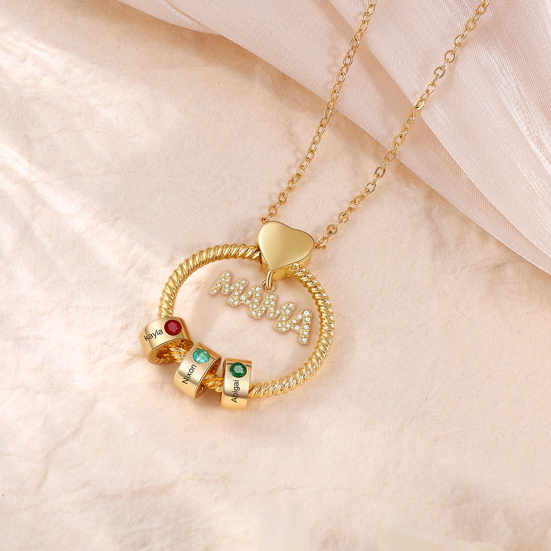 Personalized Circle Pendant Necklace Custom 1-8 Names & Birthstones Necklace