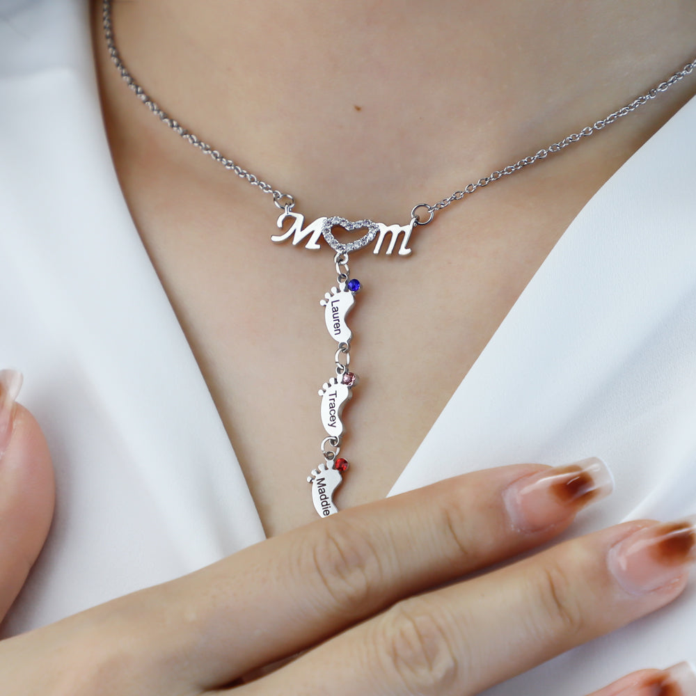 Mother's Necklace With Small Custom Name & Birthstone Baby Foot Charms