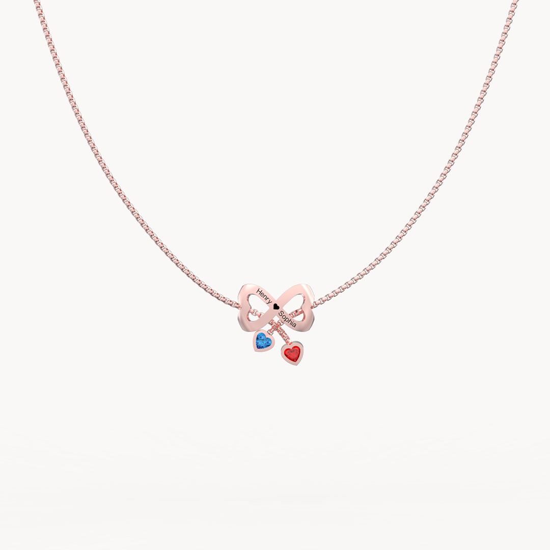 Bow Couple Necklace Custom Names Beads Birthstone