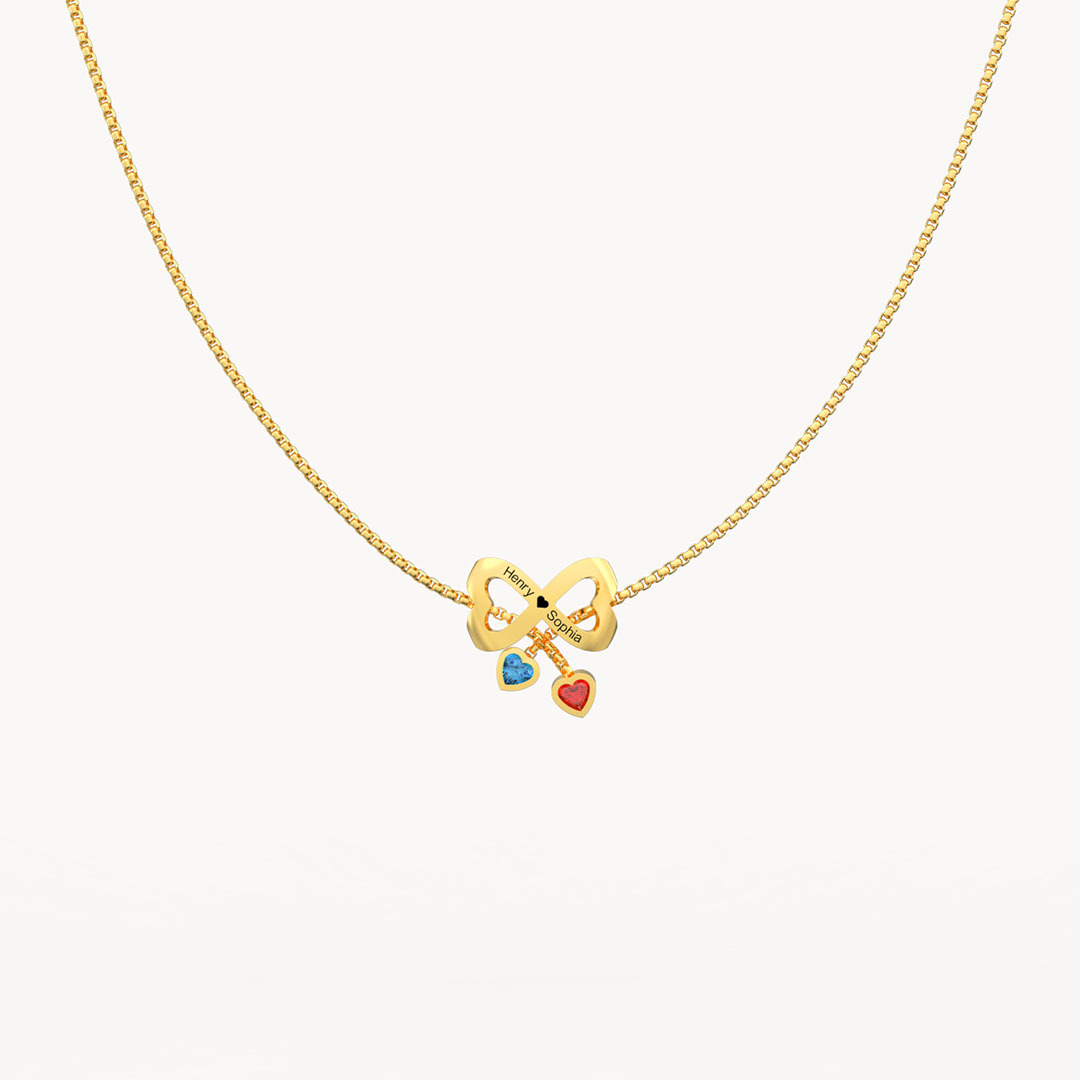 Bow Couple Necklace Custom Names Beads Birthstone