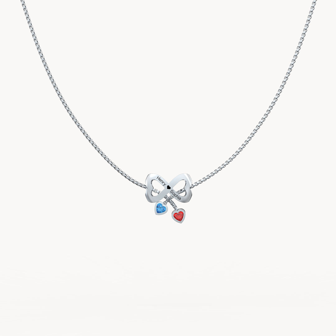 Bow Couple Necklace Custom Names Beads Birthstone