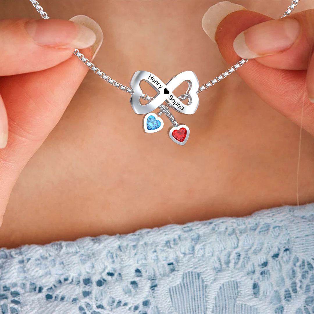 Bow Couple Necklace Custom Names Beads Birthstone