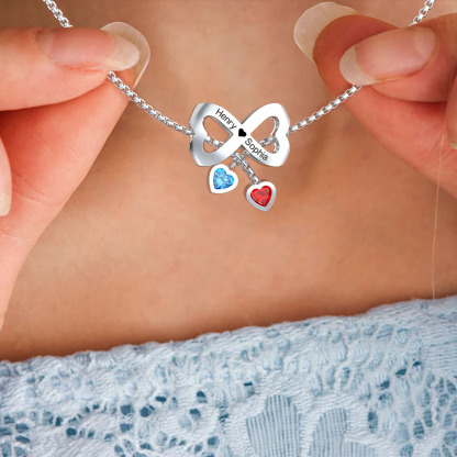 Bow Couple Necklace Custom Names Beads Birthstone