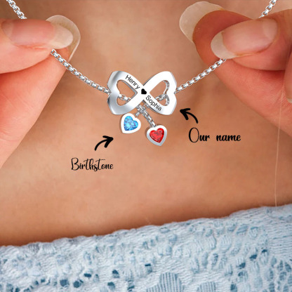 Bow Couple Necklace Custom Names Beads Birthstone