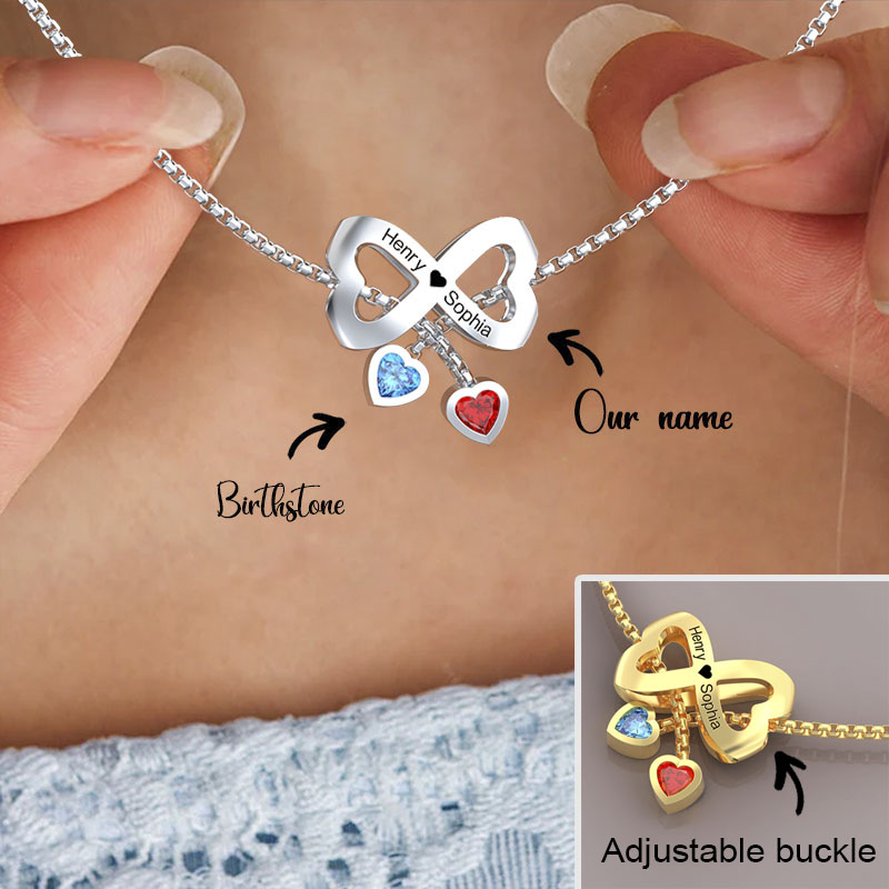 Bow Couple Necklace Custom Names Beads Birthstone