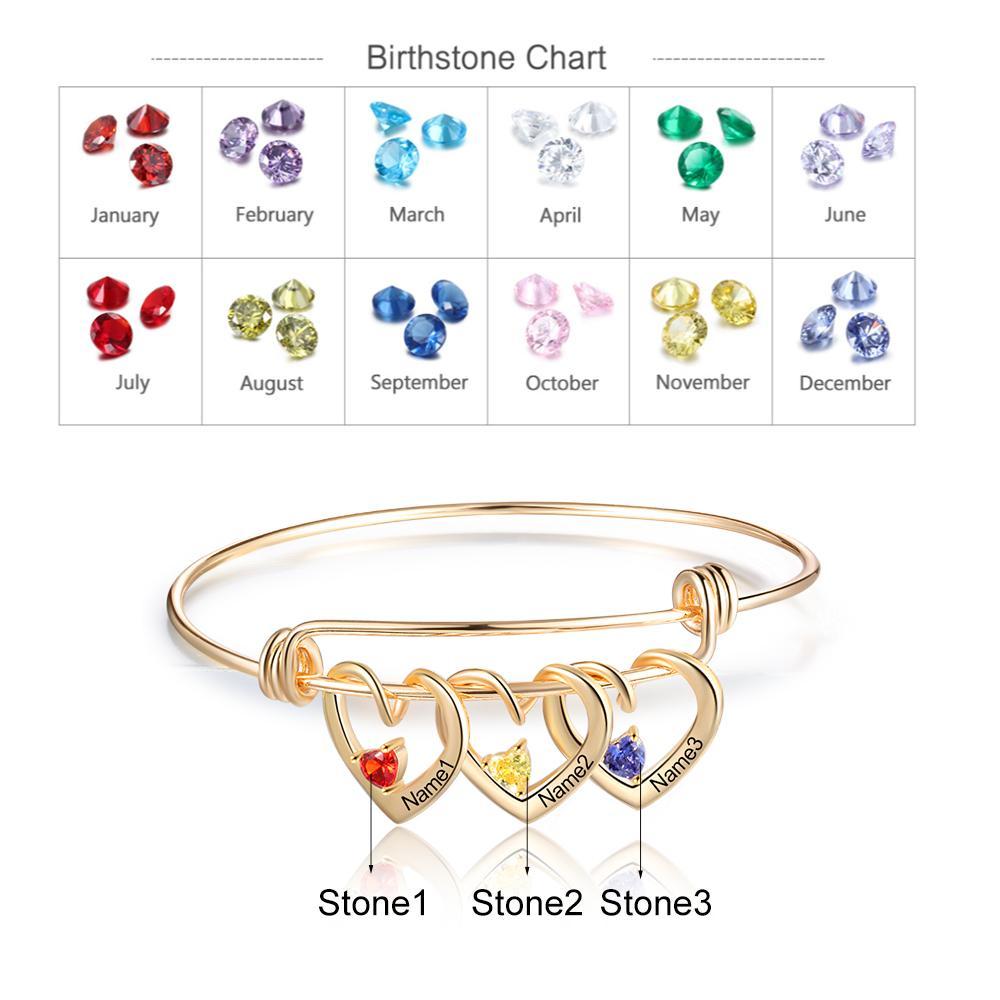 Mother's Day Gift Heart Pendants Bangle Bracelet with 3 Names and Birthstones Gifts for Mom