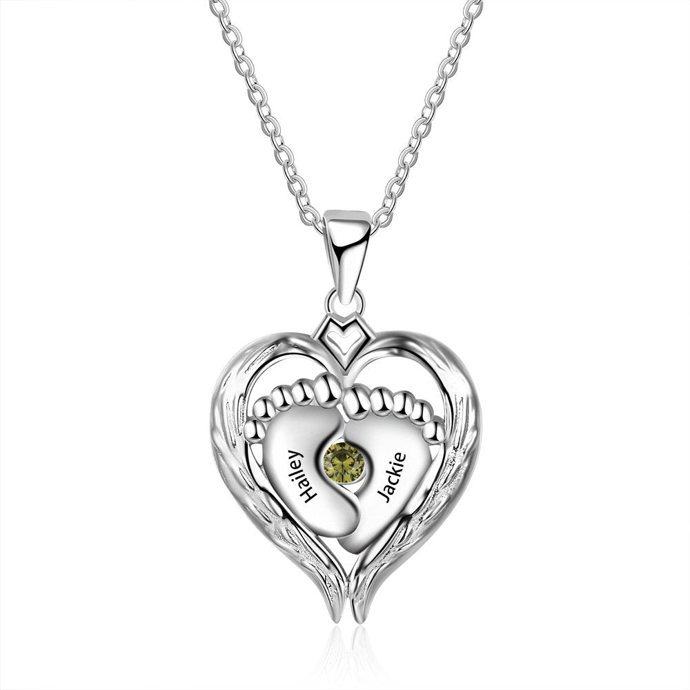 Mother's Day Gift Personalized Heart Baby Feet Necklace with Birthstone August Birthday Gift for Women