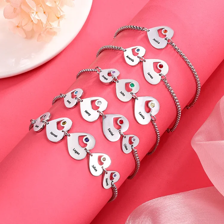 Personalized Heart Bracelet Custom Names & Birthstones Family Bracelet Gifts for Her