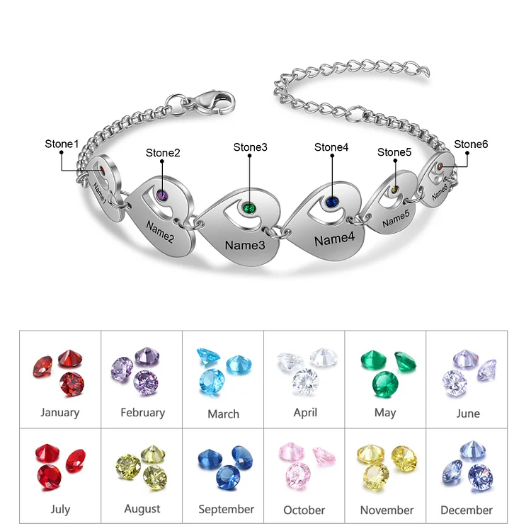 Personalized Heart Bracelet Custom Names & Birthstones Family Bracelet Gifts for Her
