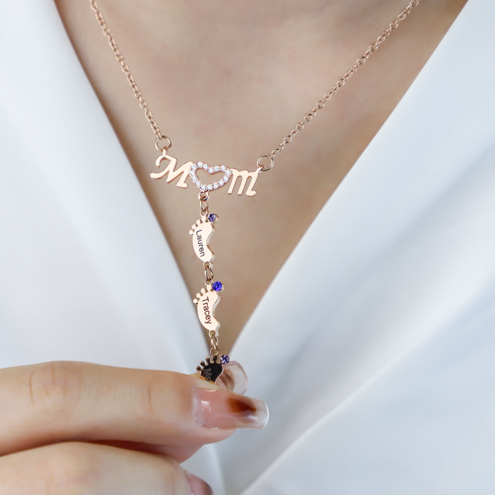 Mother's Necklace With Small Custom Name & Birthstone Baby Foot Charms