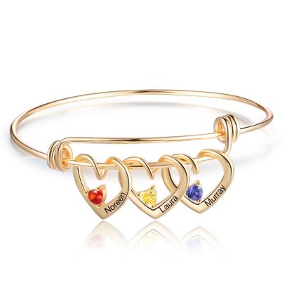 Mother's Day Gift Heart Pendants Bangle Bracelet with 3 Names and Birthstones Gifts for Mom