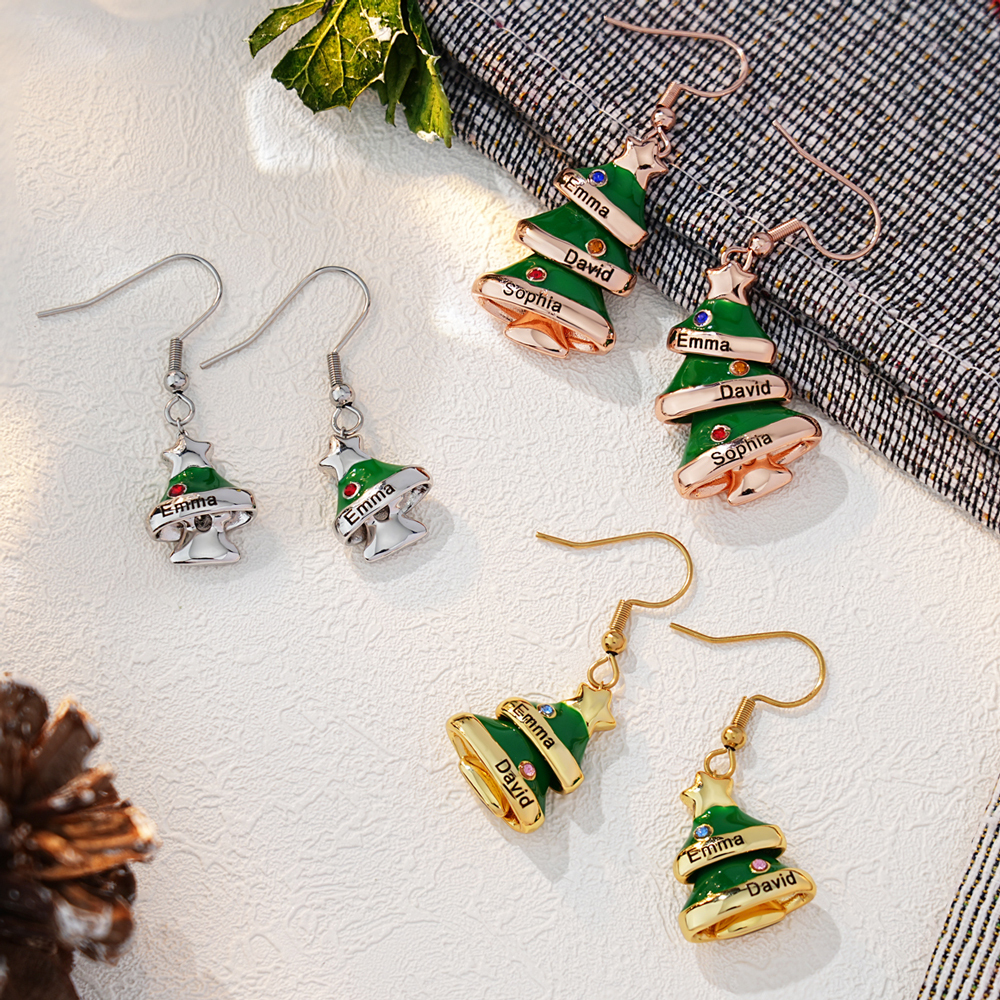 Christmas Tree Custom Name Birthstones Necklace Earring Set