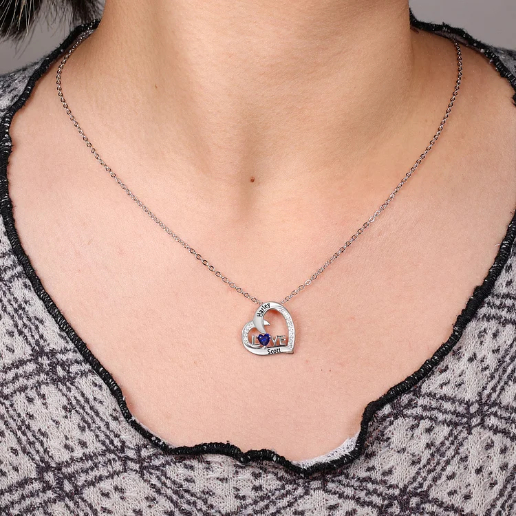 LOVE Heart Necklace For Women Personalized Necklace with Heart Birthstone Engraved Names Unique Wedding Gifts