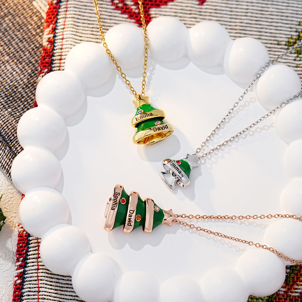 Christmas Tree Custom Name Birthstones Necklace Earring Set