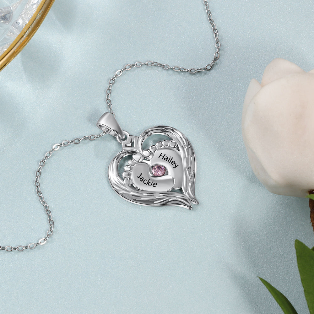 Mother's Day Gift Personalized Heart Baby Feet Necklace with Birthstone August Birthday Gift for Women