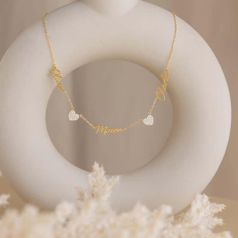 Christmas Gift Custom Name & Pave Heart Charm Necklace
