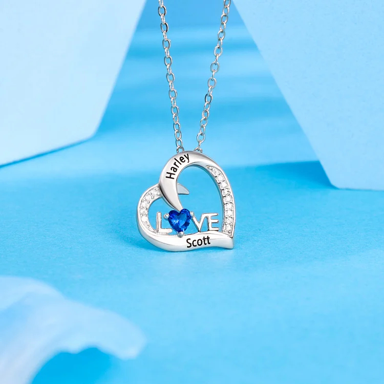 LOVE Heart Necklace For Women Personalized Necklace with Heart Birthstone Engraved Names Unique Wedding Gifts