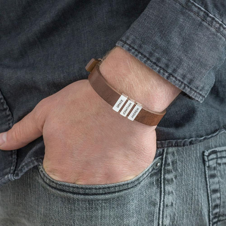 Father's Day Men's Leather Bracelet with Custom Silver Beads