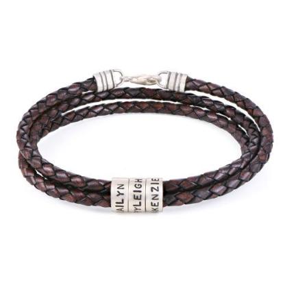Father's Day Gift Braided Leather Bracelet with Small Custom Beads