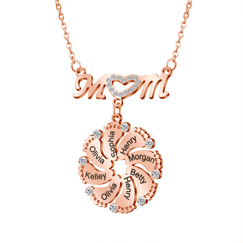 Mom Circle Pendant with Custom Diamond Baby Feet Necklace
