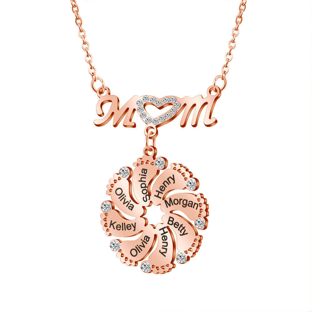 Mom Circle Pendant with Custom Diamond Baby Feet Necklace