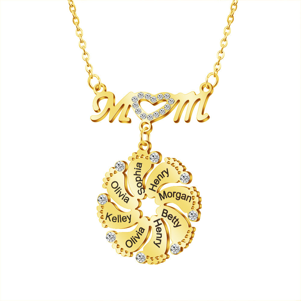 Mom Circle Pendant with Custom Diamond Baby Feet Necklace