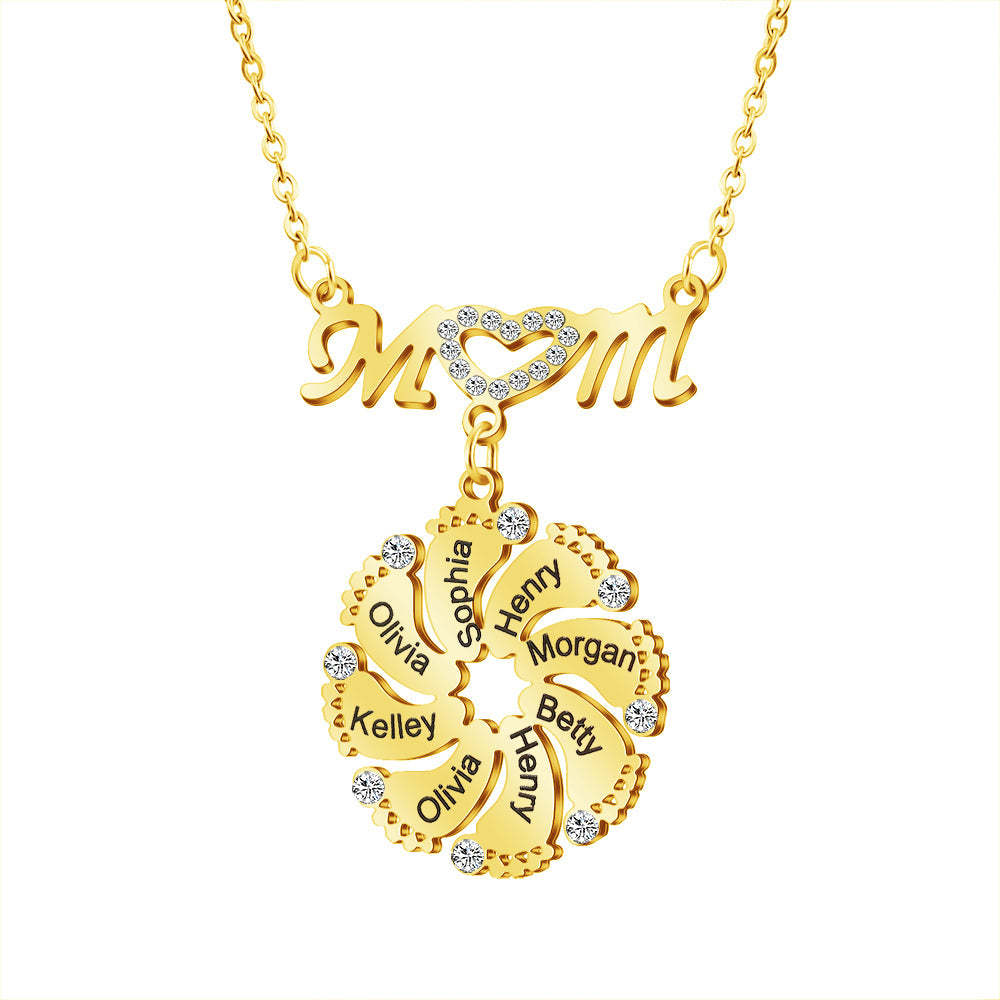 Mom Circle Pendant with Custom Diamond Baby Feet Necklace