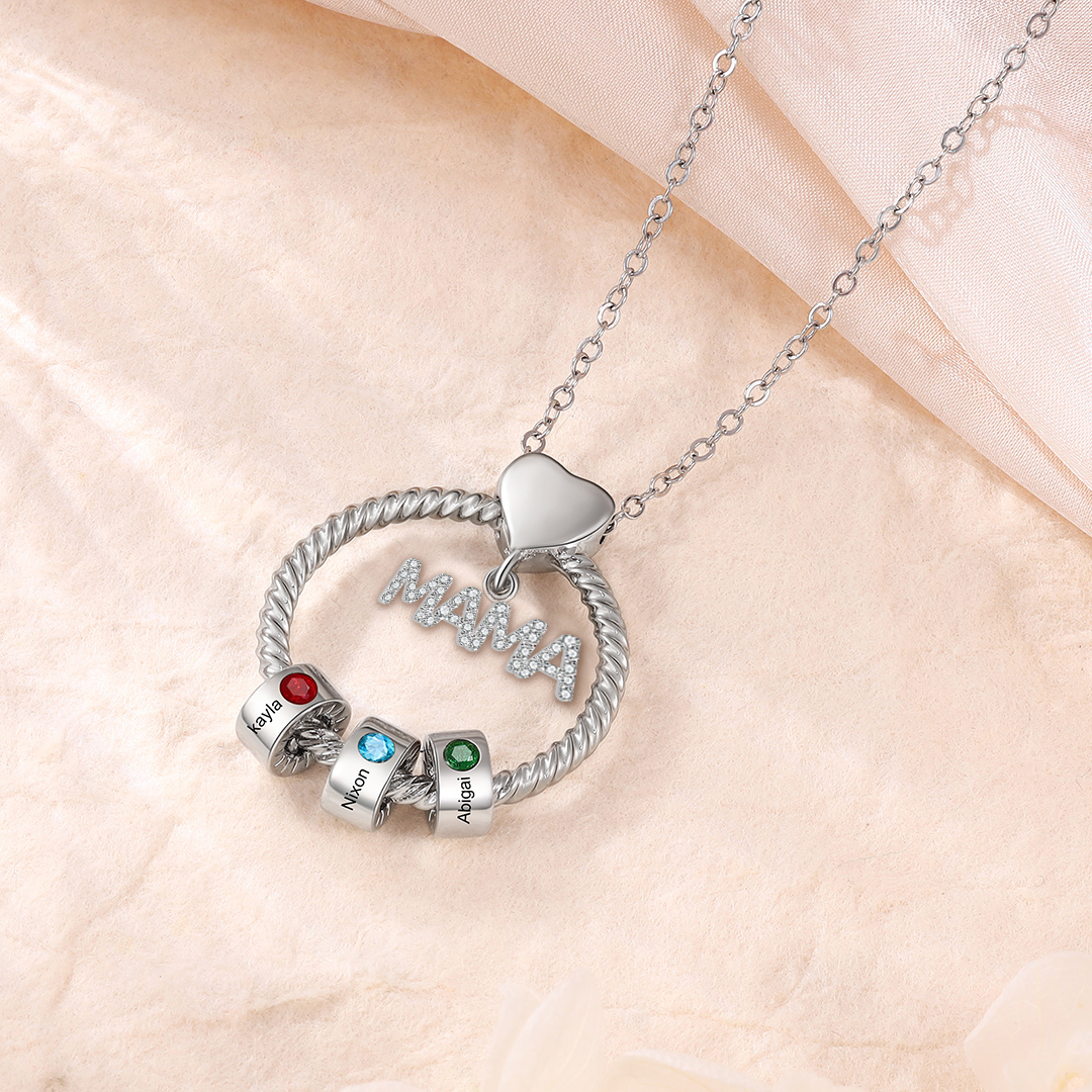 Personalized Circle Pendant Necklace Custom 1-8 Names & Birthstones Necklace