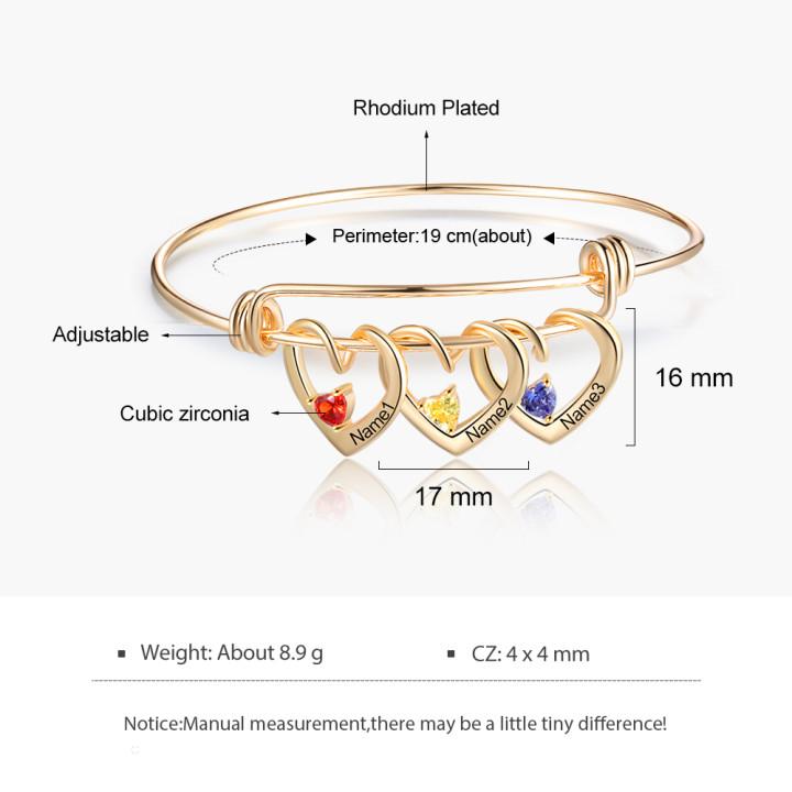 Mother's Day Gift Heart Pendants Bangle Bracelet with 3 Names and Birthstones Gifts for Mom
