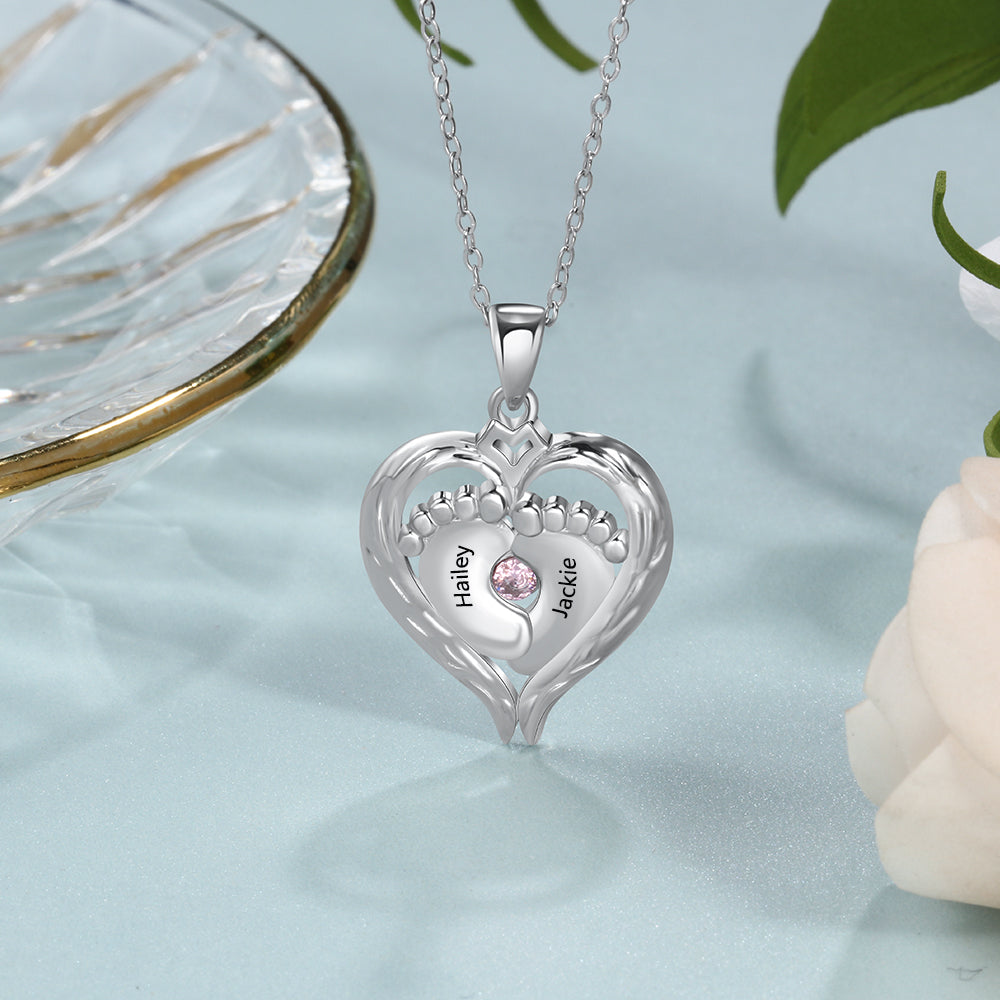 Mother's Day Gift Personalized Heart Baby Feet Necklace with Birthstone August Birthday Gift for Women