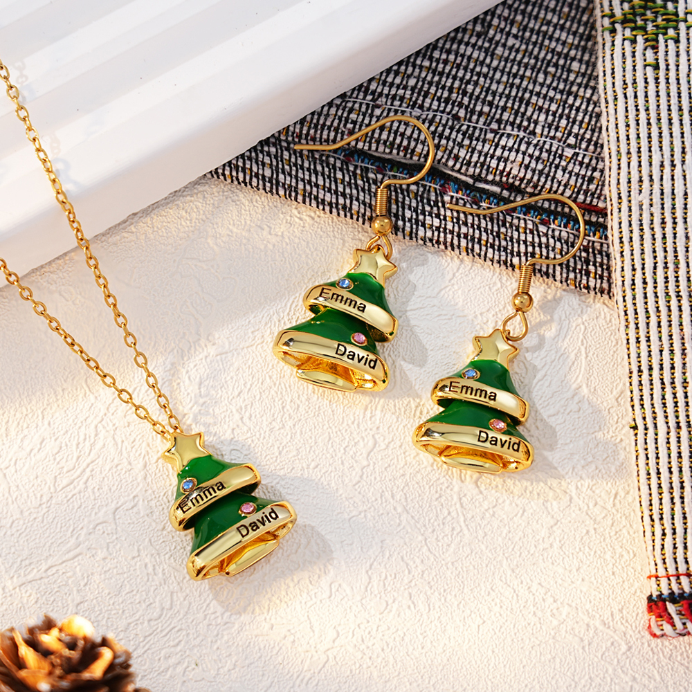 Christmas Tree Custom Name Birthstones Necklace Earring Set