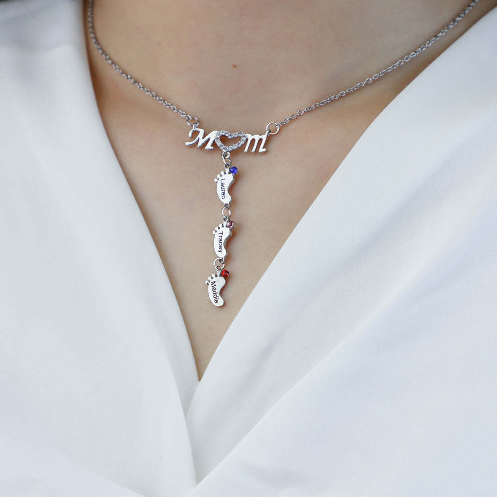 Mother's Necklace With Small Custom Name & Birthstone Baby Foot Charms