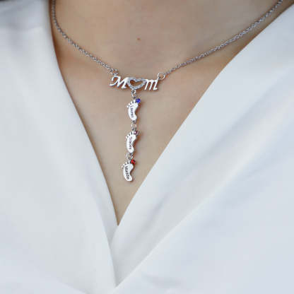 Mother's Necklace With Small Custom Name & Birthstone Baby Foot Charms