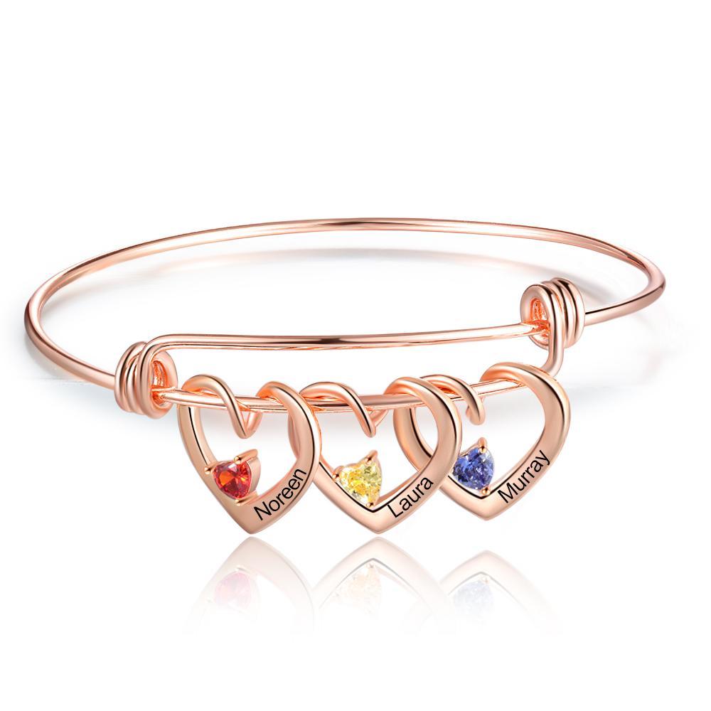 Mother's Day Gift Heart Pendants Bangle Bracelet with 3 Names and Birt