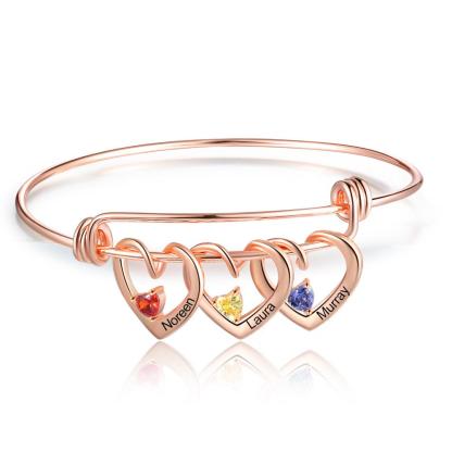 Mother's Day Gift Heart Pendants Bangle Bracelet with 3 Names and Birthstones Gifts for Mom