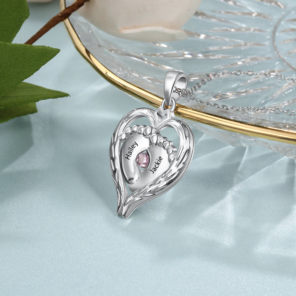 Mother's Day Gift Personalized Heart Baby Feet Necklace with Birthstone August Birthday Gift for Women