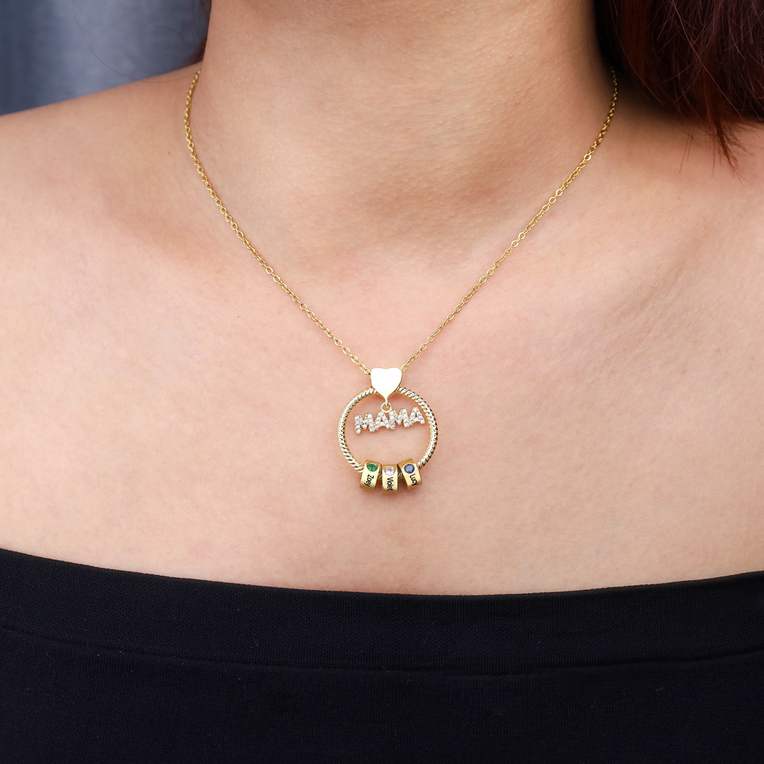 Personalized Circle Pendant Necklace Custom 1-8 Names & Birthstones Necklace