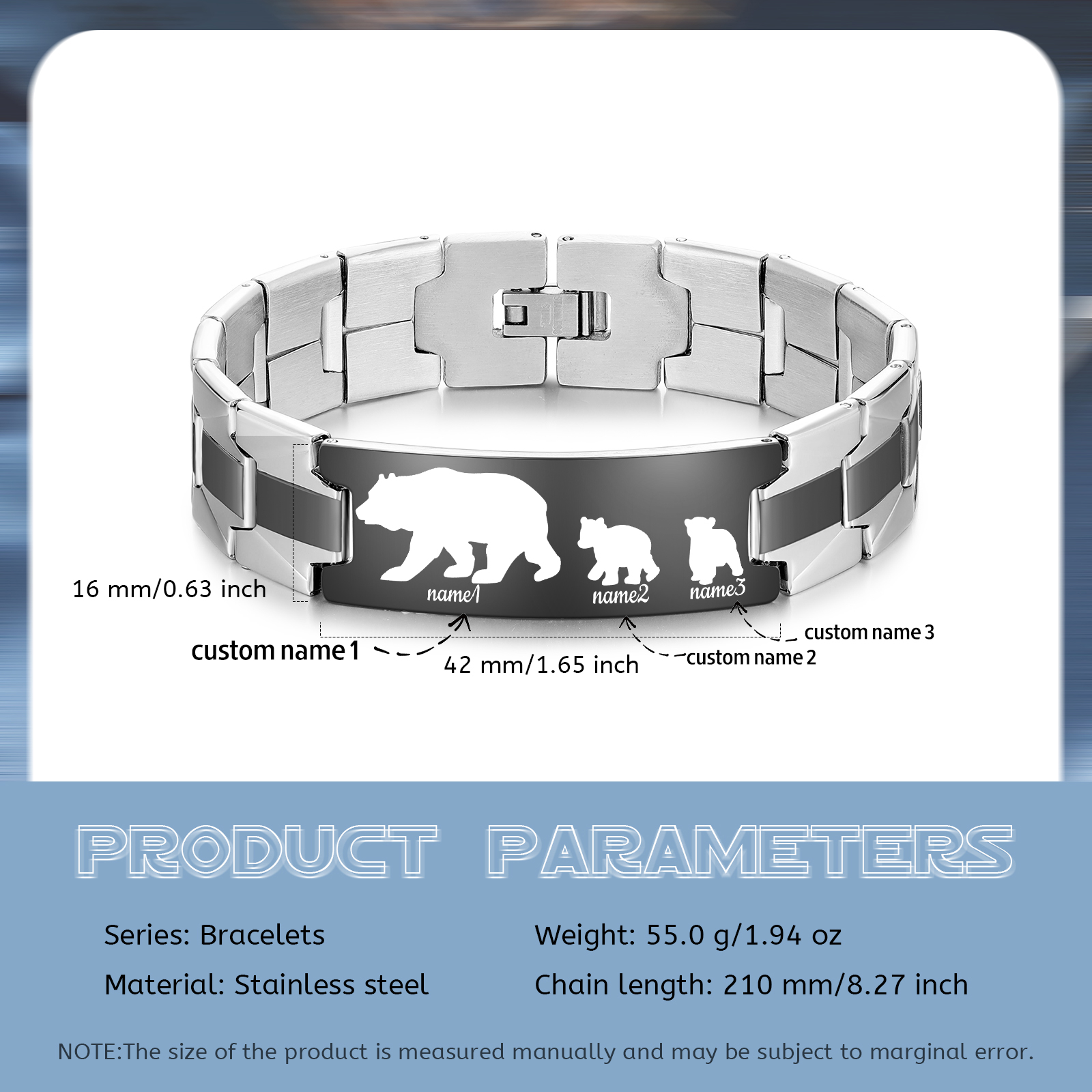 Bear Bracelet 2-4 Names Personalized Men's Gift