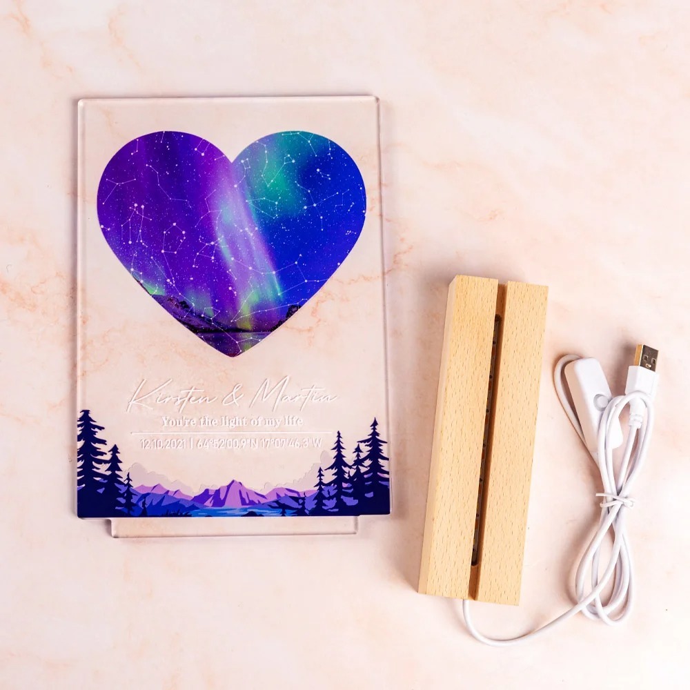 Personalized Constellation Star Map Acrylic LED Night Light with Date Text and Wooden Base Home Decor Valentine's Day Anniversary Gift for Couple