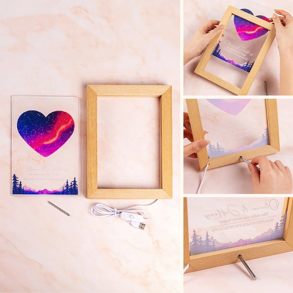 Personalized Constellation Star Map Acrylic LED Night Light with Date Text and Wooden Base Home Decor Valentine's Day Anniversary Gift for Couple