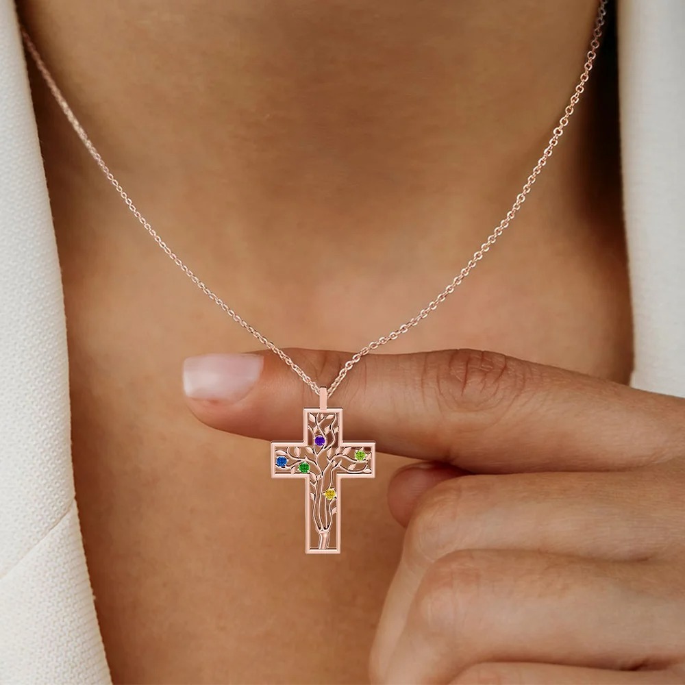 Cross Family Tree Birthstones Necklace