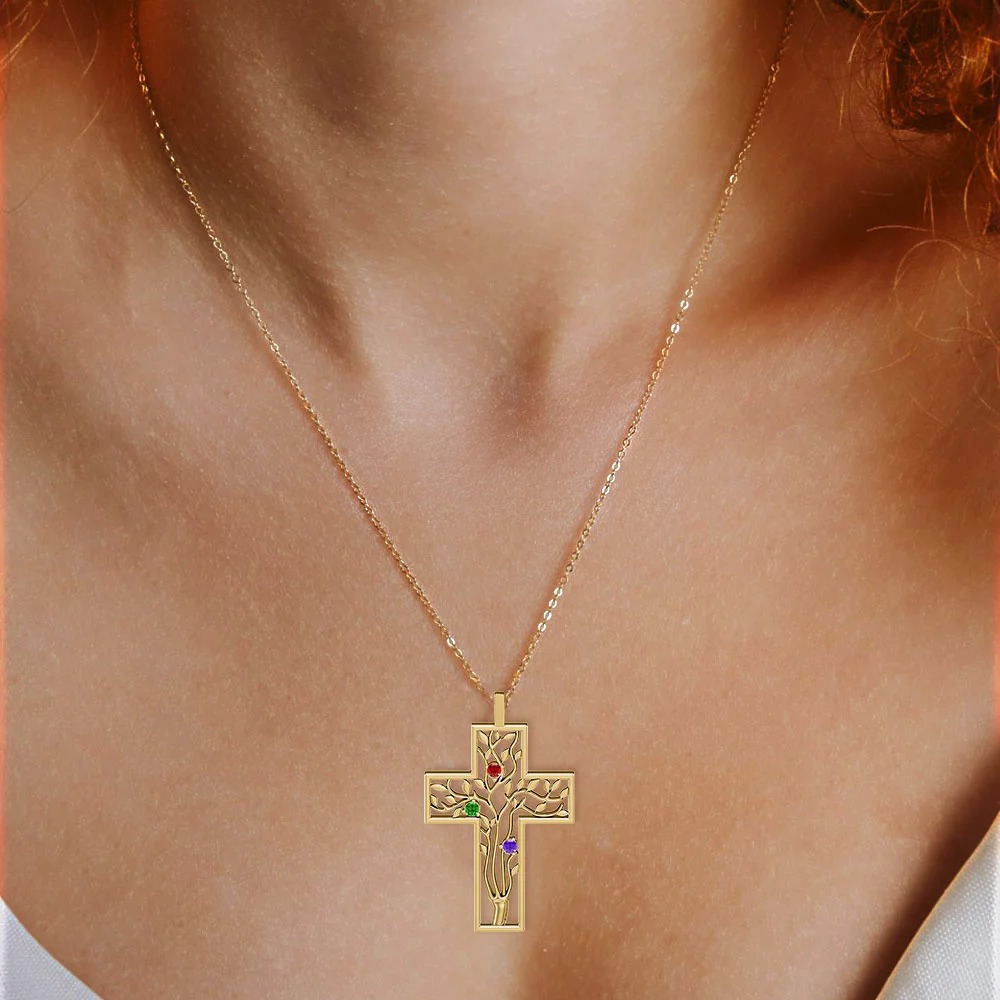 Cross Family Tree Birthstones Necklace