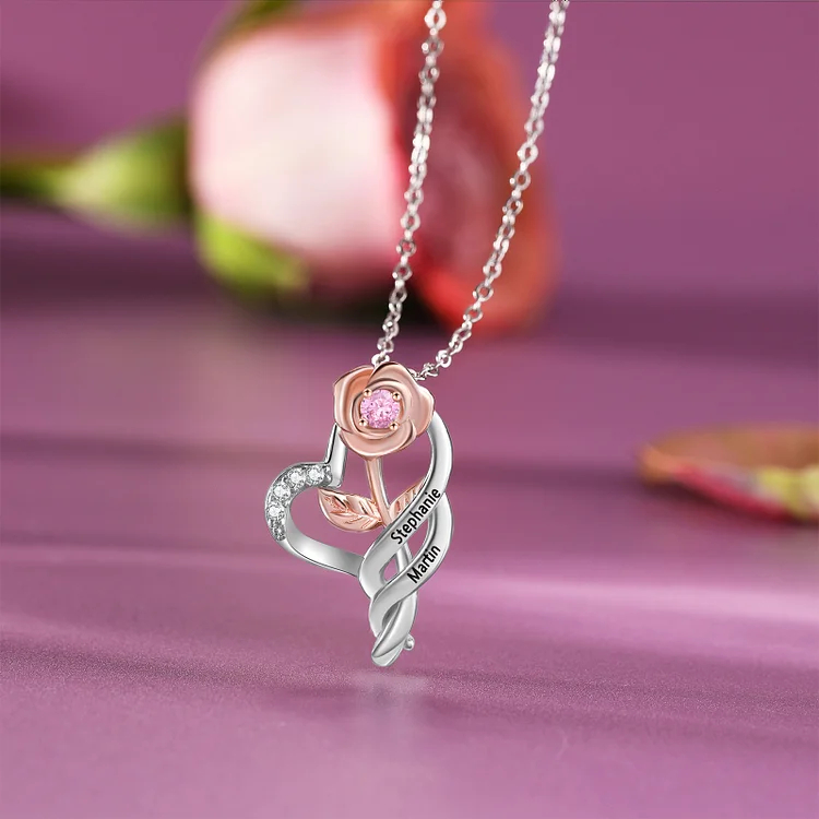 Custom Rose Necklace Engrave 2 Names Necklace With Birthstone