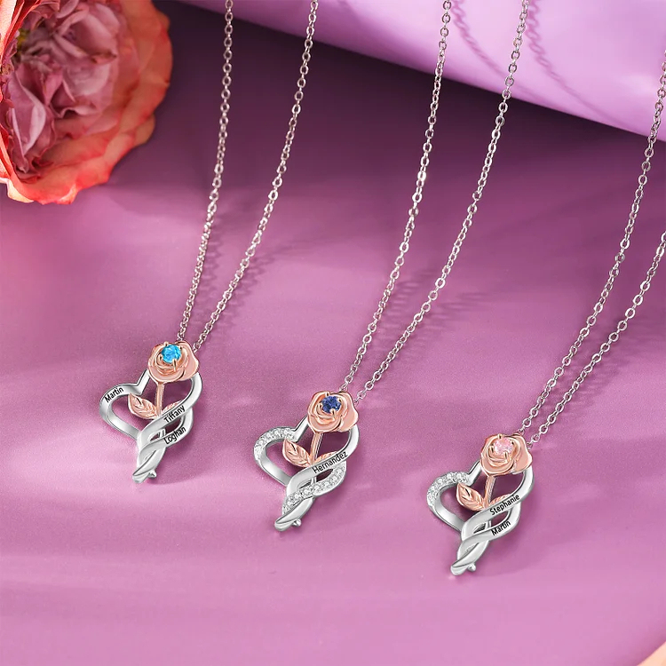 Custom Rose Necklace Engrave 2 Names Necklace With Birthstone
