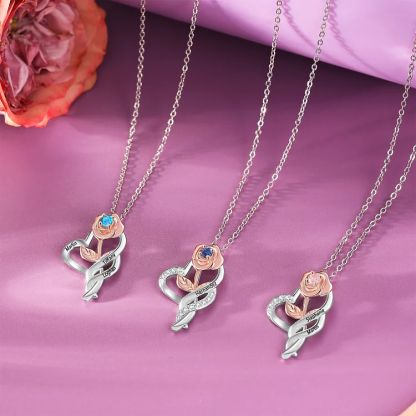 Custom Rose Necklace Engrave 2 Names Necklace With Birthstone