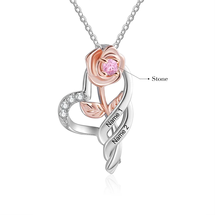 Custom Rose Necklace Engrave 2 Names Necklace With Birthstone