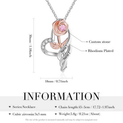 Custom Rose Necklace Engrave 2 Names Necklace With Birthstone