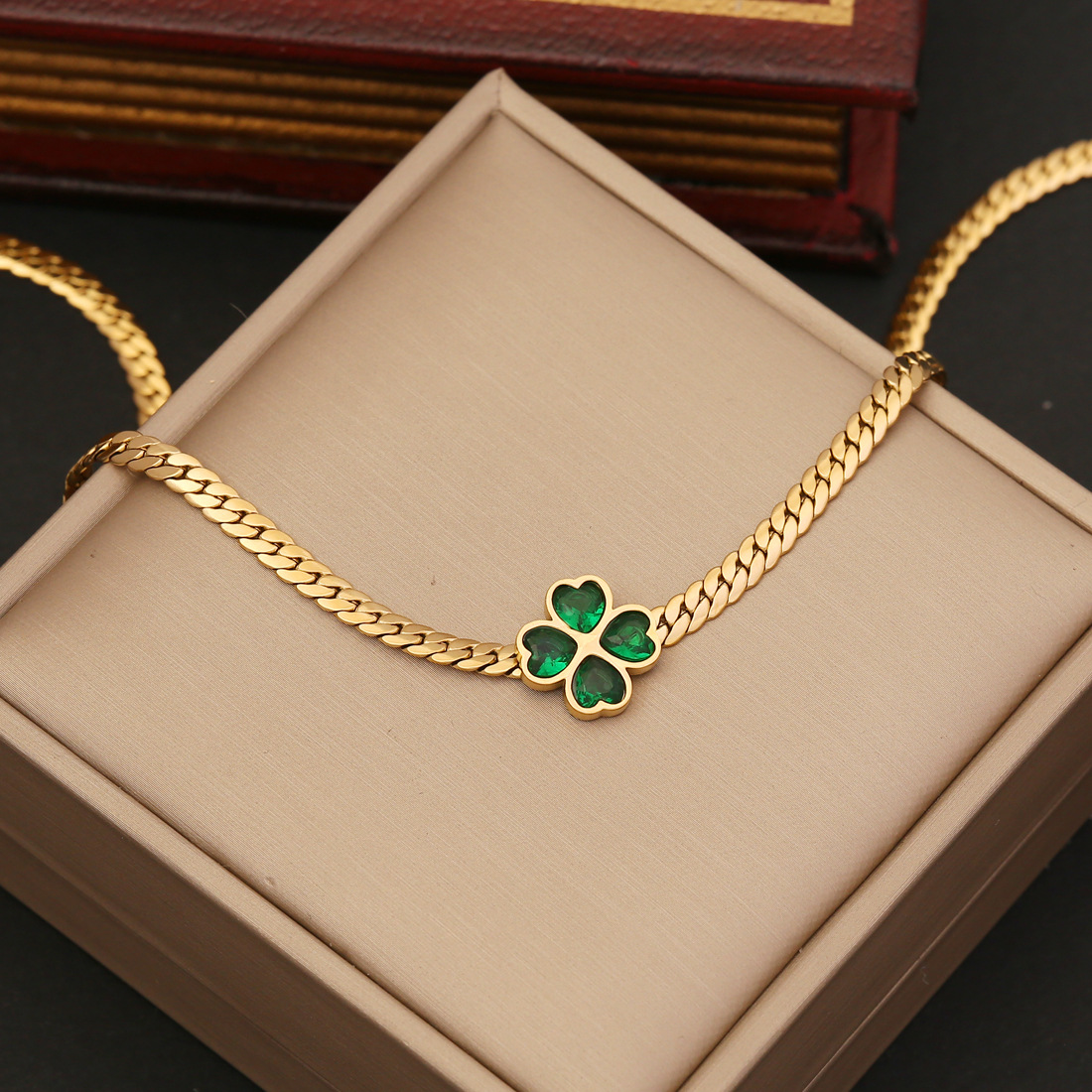 Four Leaf Clover Necklace Bracelet Earrings Emerald Jewelry Set for Her